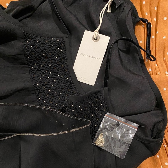 Lucky Brand smocked cami NWT black beaded tank top velvet straps Size Small - Picture 8 of 10